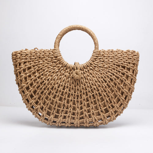 New straw bag paper rope round bucket hollow woven bag retro casual belt buckle hand bag